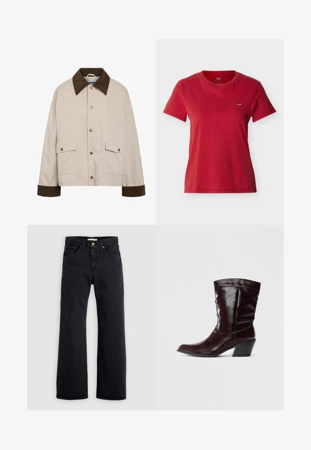 Noisy May Short - Lichte jas - silver; Rode Levi's T-shirt met korte mouwen en ronde hals, voorzien van een klein logo op de linkerborst, getoond op een effen lichte achtergrond.; Zwarte high-waist straight-leg jeans met vooraan knoop- en ritssluiting en een ontwerp met vijf zakken, tegen een effen lichte achtergrond.; Bordeaux leren enkellaarsjes met een spitse neus, textuur op het oppervlak en een taps toelopende lage hak. Heeft subtiele stiksels en een strakke pasvorm.