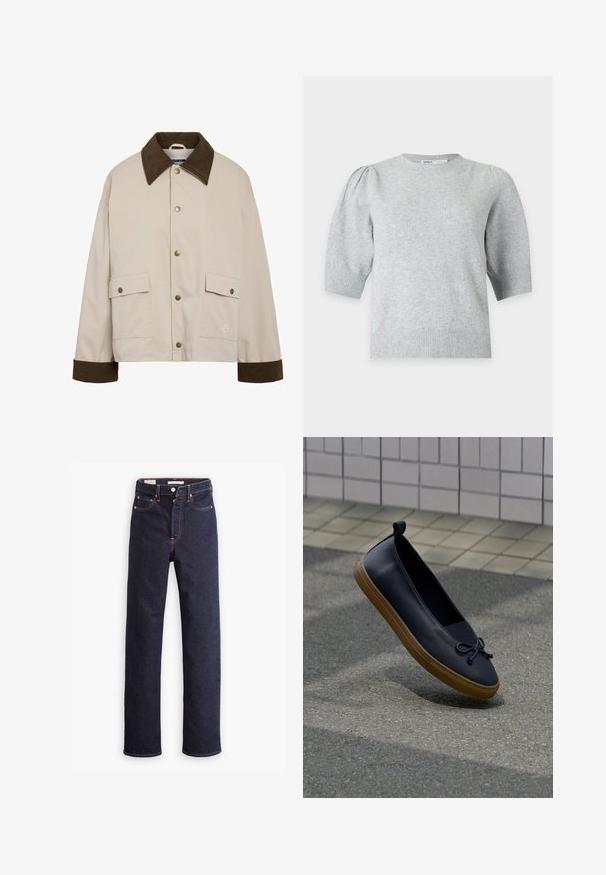 Noisy May Short - Lichte jas - silver; Lichtgrijze gebreide trui met korte mouwen, opgeblazen schouders en geribbelde boorden en zoom, ronde hals, voorkant.; Donkerblauwe straight-leg denim jeans met vijf zakken en zichtbare oranje stiksels op een witte achtergrond.; Zwarte leren instapschoen met bruine rubberen zool en een gestrikte strikdetail, zwevend boven een grijs trottoir naast een betegelde muur.