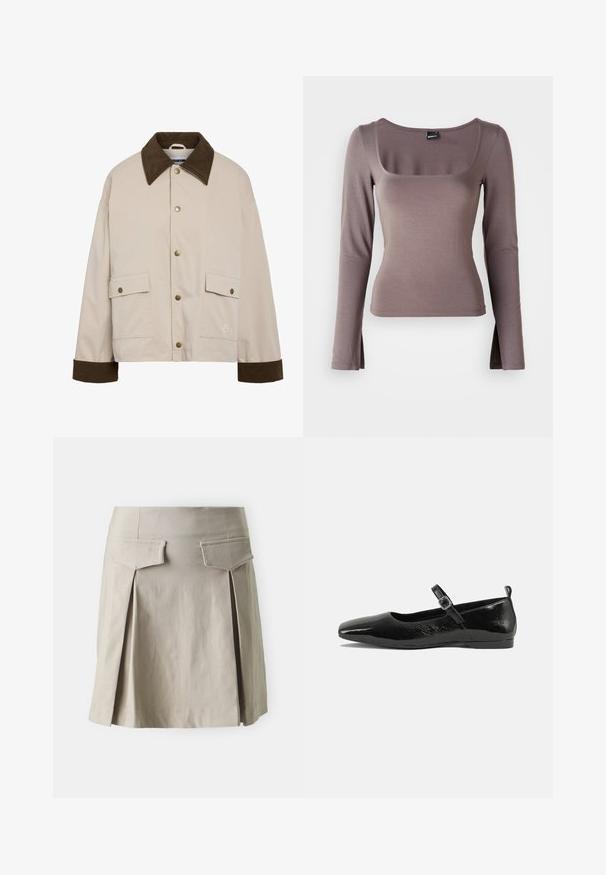 Noisy May Short - Lichte jas - silver; Langarmtop in een zachte, bruine stof. Kenmerkt zich door een vierkante halslijn en zijsplitten aan de zoom. Soepele textuur met een getailleerd ontwerp.; Beige geplisseerde rok met een rechte snit, voorzien van twee achterzakken en een soepele textuur. De stof lijkt licht en casual.; Zwarte patenten leren ballerina met een spitse neus, een enkelbandje met een gesp en een gladde, glanzende textuur. Lage hak voor comfort.