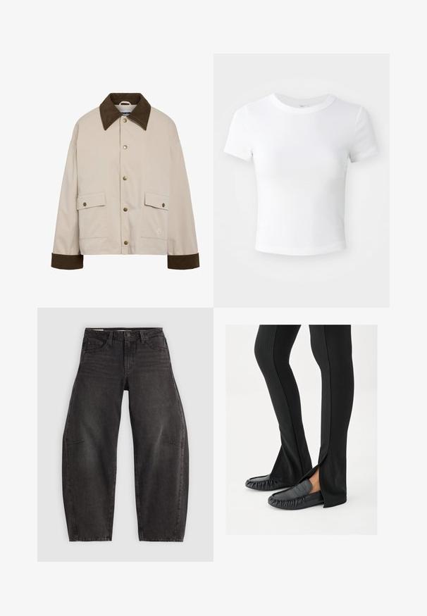 Noisy May Short - Lichte jas - silver; Effen witte cropped t-shirt met korte mouwen en ronde hals, weergegeven op een neutrale lichte achtergrond.; Zwarte denim jeans met een relaxed fit, voorzien van vijf zakken, een knoopsluiting en subtiele vervaging. De stof heeft een soepele, stevige textuur.; Benen met zwarte wijde broeken met zijopeningen, gecombineerd met zwarte leren mocassins, op een witte achtergrond.