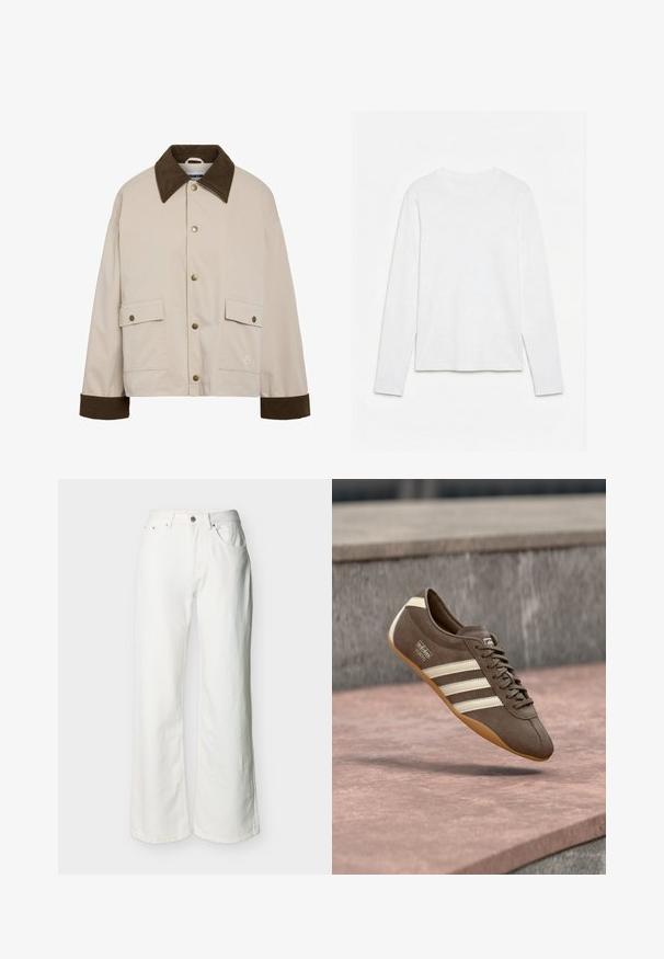 Noisy May Short - Chaqueta fina - silver; Camiseta blanca lisa de manga larga con cuello redondo, extendida sobre una superficie blanca, mostrando el frente y la longitud completa de la manga.; Vaqueros blancos de talle alto con cierre de botones y cremallera, bolsillos delanteros y piernas ligeramente acampanadas, mostrados sobre un fondo liso.; Zapatilla de ante marrón con rayas blancas y marca, con puntera redonda y suela de goma color caramelo, suspendida sobre una superficie texturizada.