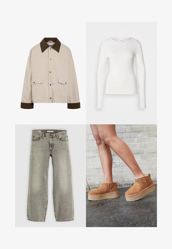 Noisy May Short - Let jakke / Sommerjakker - silver; Hvid langærmet t-shirt i et blødt, letvægtsstof med rund halsudskæring og slank pasform, der har en diskret struktur.; Lys grå, bredbenede jeans lavet af denim. Har traditionel fem-lomme stil og let falmning gennem stoffet.; Brune ruskinds ankelsko med en blød foring, tyk beige plattformsål og en bageste løkke. Tekstureret overflade med synlige sømdetaljer.