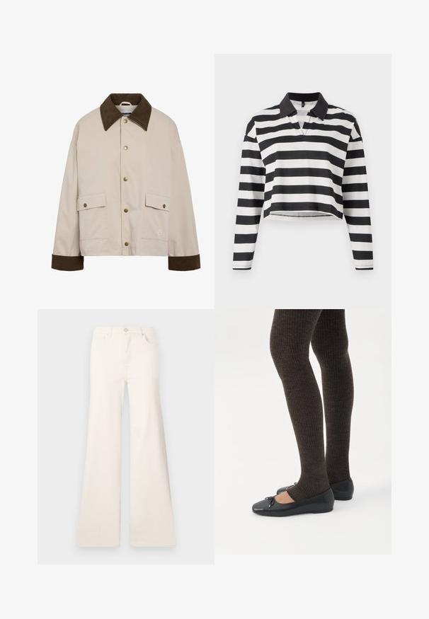 Noisy May Short - Chaqueta fina - silver; Camisa polo de manga larga recortada a rayas en blanco y negro con cuello negro y una tapeta parcial para abrochar. Tejido de algodón suave.; ONLY Wide-fit ONLMADISON High waist Wide Leg Fit - Pernera ancha - ecru; Piernas con leggings oscuros acanalados combinados con bailarinas negras que presentan pequeños detalles de lazo sobre un fondo blanco.