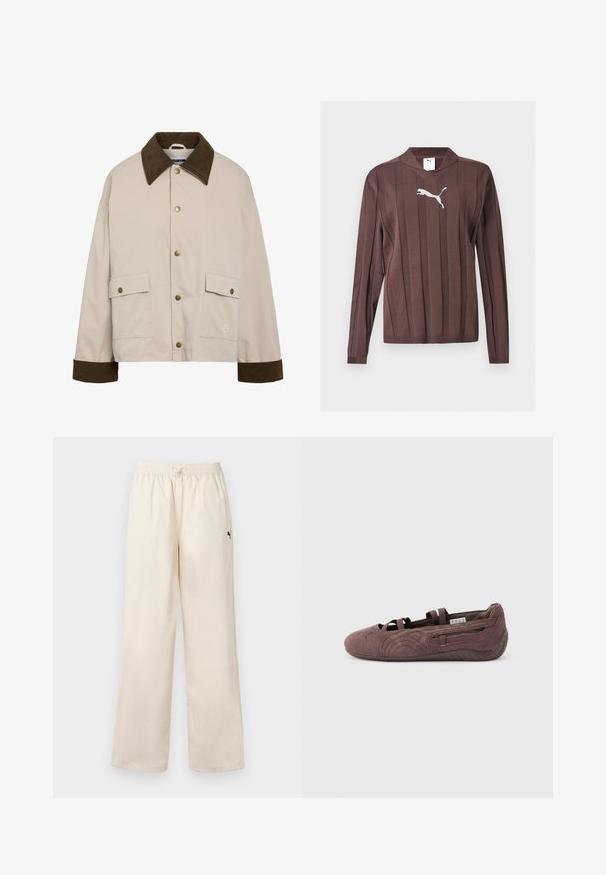 Noisy May Short - Lichte jas - silver; Bruine trui met lange mouwen met verticale, gestructureerde strepen en een wit Puma-logo in het midden van de borst op een effen achtergrond.; Lichtbeige wijde broek met een elastische tailleband en koord. Bevat een klein zwart logo aan de zijkant. Gladde textuur.; Bruine suède ballerinaschoen met elastische bandjes en een gestructureerde zool, zijwaarts weergegeven op een effen lichte achtergrond.