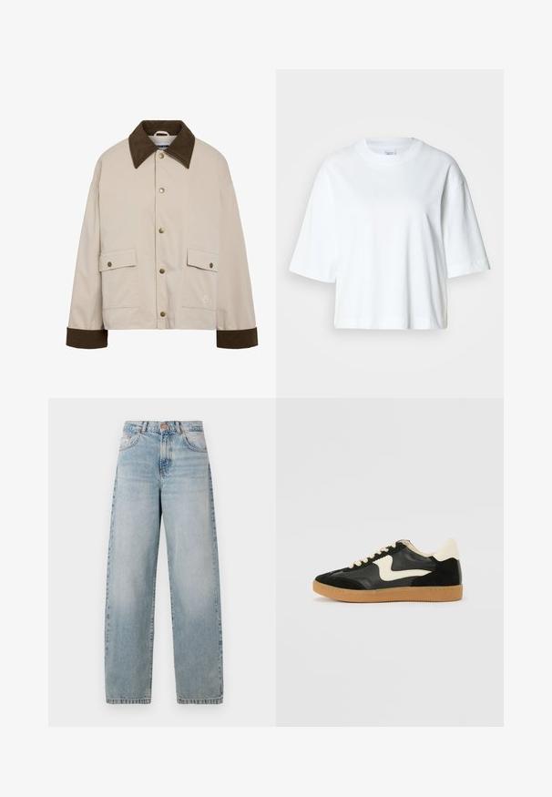 Noisy May Short - Let jakke / Sommerjakker - silver; Hvid cropped t-shirt med korte ærmer, rund halsudskæring, lavet af blødt bomuldsmateriale, med et enkelt og rent design.; Lyst blå denim jeans med en løs pasform, høj talje, fem lommer og en let falming. Har metalknap og syning detaljer.; Sorte ruskinds- og lædersneakers med en cremefarvet side-swoosh og lys cremefarvet hæl. Har beige snørebånd og en gummirubber-sål.