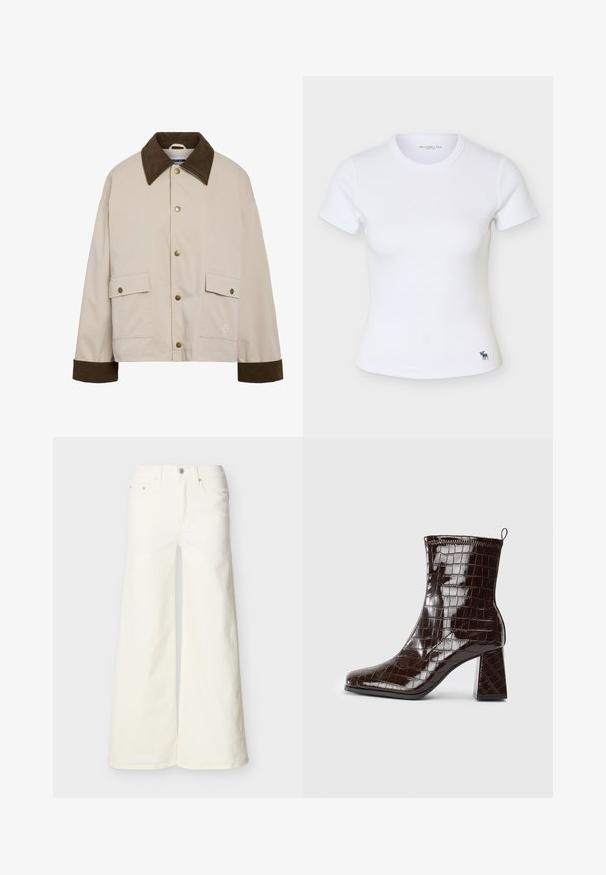 Noisy May Short - Let jakke / Sommerjakker - silver; Hvid kortærmet tætsiddende ribstrikket T-shirt med rund halsudskæring og lille mørk elg-logo nær den nederste kant på venstre side.; Hvide denimbukser med vide ben, fem lommer og knappelukning, vist fladt mod en lys baggrund.; Mørkebrun patentlæder ankelstøvle med krokodillemønster, blokhæl og trækstrop bagpå mod hvid baggrund.