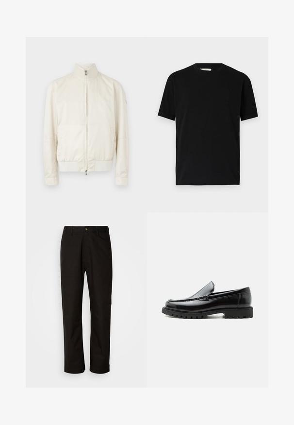 Veste bomber crème clair avec col montant, fermeture éclair, deux poches latérales et un motif texturé subtil. Poignets et ourlet côtelés.; T-shirt noir à manches courtes en coton avec un col rond et une coupe ample. Texture lisse, sans motifs ni logos visibles.; Pantalon en coton noir avec une coupe droite, des passants de ceinture, une fermeture éclair à l'avant et un seul bouton. Texture lisse sans motifs visibles.; Mocassin en cuir noir avec semelle en caoutchouc épaisse, dessus cousu et nom de marque embossé sur le talon, présenté de profil sur fond blanc.