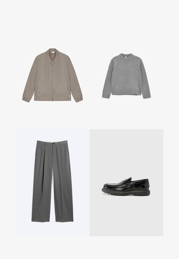 Veste zippée marron et beige à petits carreaux avec col, poignets élastiques et deux poches avant, posée à plat sur fond blanc.; Pull en tricot gris avec un col rond, des manches longues, des poignets et un ourlet côtelés, et une texture douce.; Pantalon formel gris avec jambes droites, plis à l'avant, poches latérales, passants pour ceinture et fermeture devant par bouton et glissière.; Mocassin en cuir noir avec une finition brillante, bout arrondi, détails de couture subtils et semelle en caoutchouc épaisse pour la durabilité.