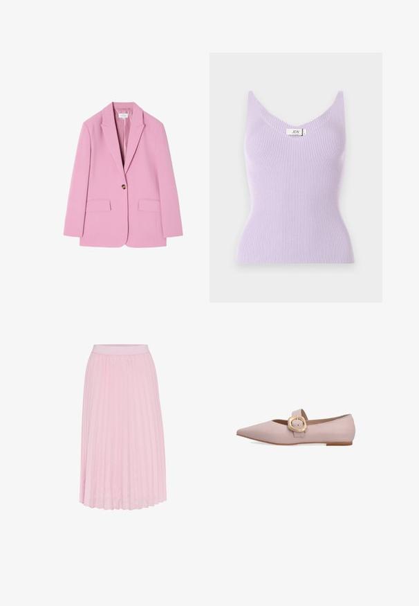 Rosa skræddersyet blazer med spids krave, enkelt knaplukning og to forlommer. Glat stof med minimal tekstur.; Lilla ribbet ærmeløs top med V-udskæring og en tætsiddende pasform. Materialet ser blødt ud med vertikale teksturdetaljer. Brandmærket er synligt.; Plisseret midi-skirt i lyserød, med en bred elastisk talje og en glat tekstur. Plisseringerne strækker sig fra taljen til kanten.; Lyserød spids flad sko med en stor guldbeslået rem og en lav tanfarvet sål.