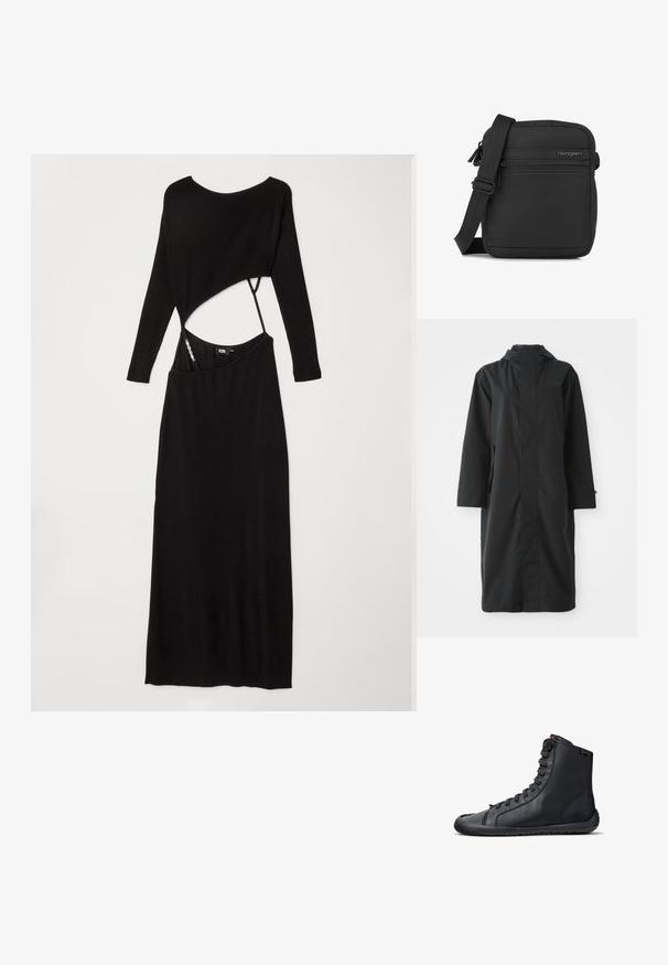 Abrigo negro hecho de un material resistente al agua, con un cuello alto, mangas largas, un diseño minimalista y bolsillos laterales.; Vestido negro de manga larga con textura acanalada que presenta una silueta ajustada, un corte asimétrico en la cintura y una textura suave.; Zapatilla alta de cuero negra con cordones negros, suela plana y etiqueta de marca en la zona del tobillo, mostrada de lado sobre un fondo blanco.; Bolso bandolera negro compacto con correa ajustable, bolsillo delantero con cremallera y el logo de Hedgren en superficie de tela lisa.
