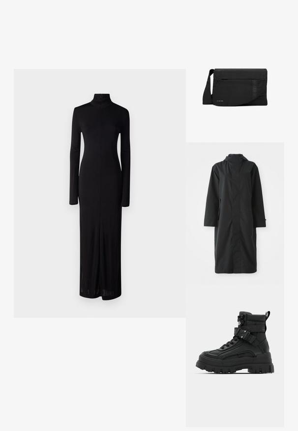 Abrigo negro hecho de un material resistente al agua, con un cuello alto, mangas largas, un diseño minimalista y bolsillos laterales.; Vestido negro de manga larga con cuello alto y cierre de cremallera. Hecho de una tela suave y elástica, presenta una silueta recta y longitud hasta media pantorrilla.; Botas negras hasta el tobillo con un upper texturizado, suela gruesa, parte delantera con cordones y correa ajustable que presenta un detalle de logo. Suela de goma con dibujo pronunciado.; Bolso bandolera negro de la marca G-Star con correa de hombro ajustable y detalle de bolsillo frontal con solapa inclinada.