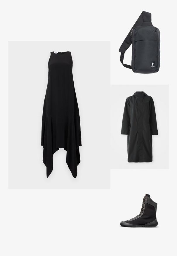 Abrigo negro hecho de un material resistente al agua, con un cuello alto, mangas largas, un diseño minimalista y bolsillos laterales.; Vestido negro sin mangas con escote alto y dobladillo asimétrico en forma de pañuelo, presentado sobre un fondo claro y liso.; Zapatilla bota alta negra con ribete de ante gris, cierre de cordones delantero y suela plana de goma, mostrada en perfil de lado derecho sobre fondo blanco.; Bolso bandolera negro fabricado con tela resistente, con una correa acolchada y transpirable, compartimentos con cremallera y una etiqueta con el logo en el frente.