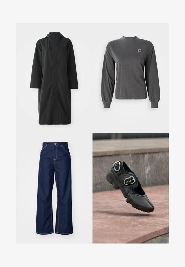 Sort regnjakke lavet af vandafvisende materiale, med højt krave, lange ærmer, minimalistisk design og sidelommer.; Langærmet grå t-shirt lavet af bomuld, med rund halsudskæring og elastiske manchetter, samt et lille firkantet logo på brystet.; Bredde ben jeans i mørkeblå denim, med høj talje, kontrasterende hvid syning og traditionelt fem-lomme design.; Sort sko med delt tå og to sølvspændere, tyk sål og perforerede detaljer, svævende over en stenovertagelse.