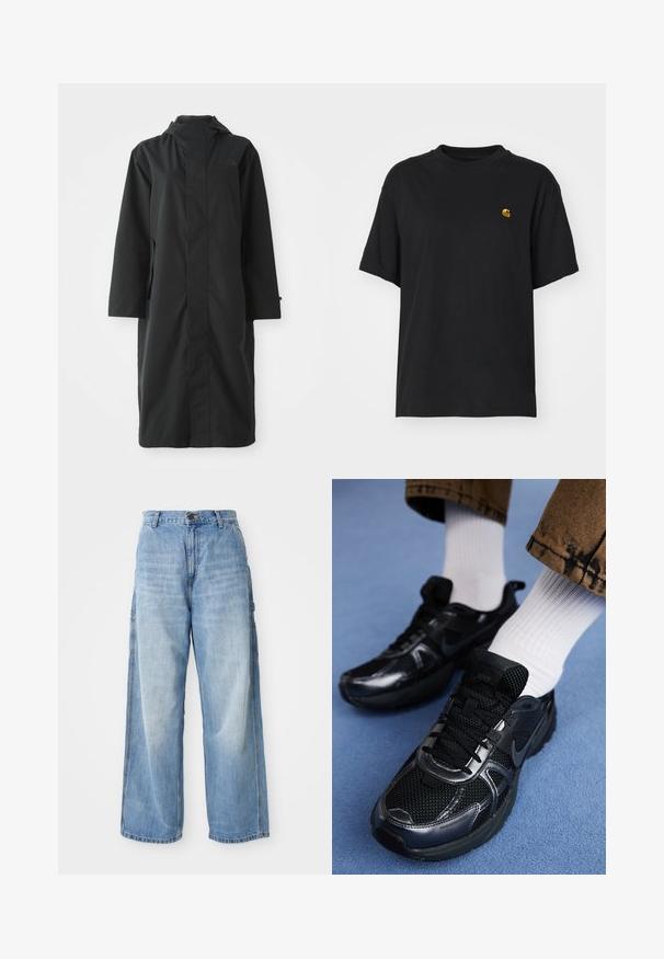 Sort regnjakke lavet af vandafvisende materiale, med højt krave, lange ærmer, minimalistisk design og sidelommer.; Sort bomulds T-shirt med en afslappet pasform. Har en rund halsudskæring og korte ærmer. Inkluderer et lille guld broderet logo på brystet.; Lysblå vidde jeans med høj talje, der har sidelommer og en falmet struktur, lavet af denim materiale.; Sorte Nike-sneakers med mesh og syntetisk materiale, der har en struktureret overdel, sorte snørebånd og holdbare gummisåler. Hvide ribstrikkede sokker er synlige.