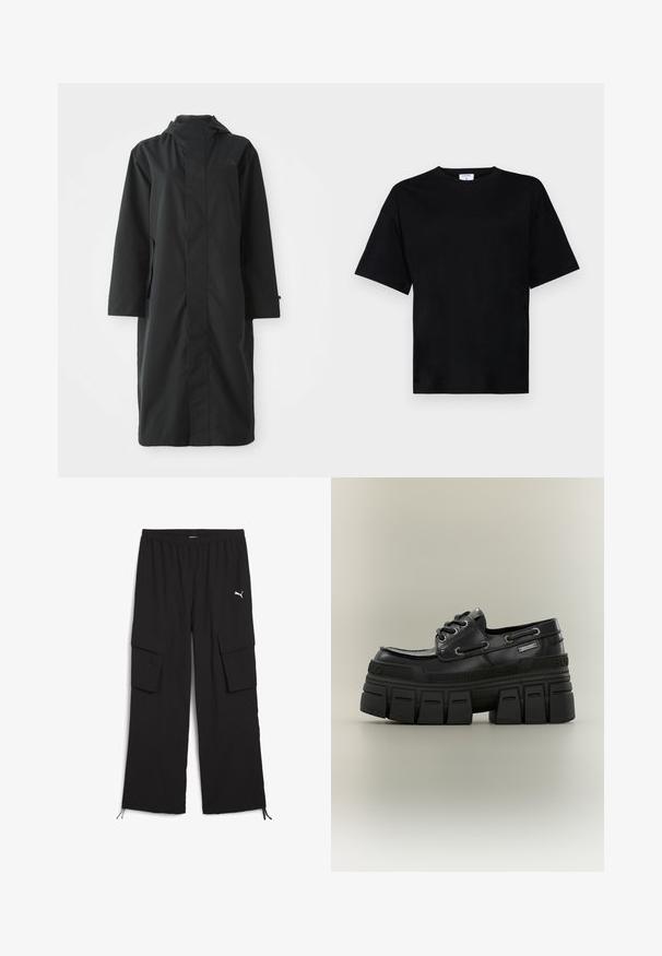 Abrigo negro hecho de un material resistente al agua, con un cuello alto, mangas largas, un diseño minimalista y bolsillos laterales.; Camiseta negra de manga corta en corte relajado, hecha de tela suave, con un cuello redondo y sin patrones o acentos prominentes.; Pantalones cargo negros con un diseño de pierna ancha, cintura elástica, dos bolsillos laterales y dobladillos con cordón. Presenta un pequeño logo blanco.; Zapato plataforma grueso negro con cierre de cordones en la parte delantera, suela gruesa y resistente, y detalles con marca a lo largo de la suela y el lateral.