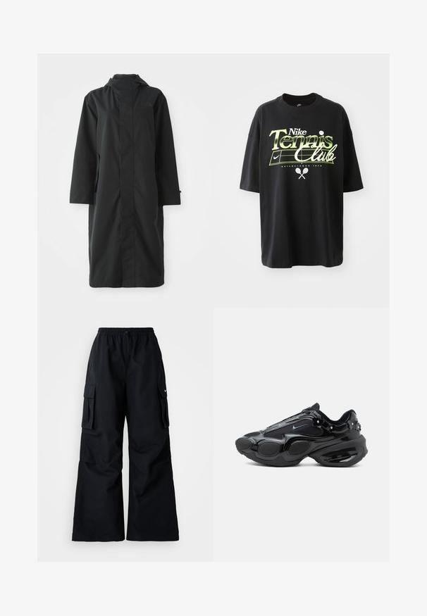 Zwarte regenjas gemaakt van waterafstotend materiaal, met een hoge kraag, lange mouwen, een minimalistisch ontwerp en zijzakken.; Zwarte katoenen t-shirt met korte mouwen, voorzien van groene en witte "Nike Tennis Club" graphic, illustraties van een tennisbal en racket.; Zwarte cargobroek met wijde pijpen, elastische tailleband, verstelbaar trekkoord en twee steekzakken. Gemaakt van een gladde, lichte stof.; Zwarte sneaker met glanzende en mesh panelen, afgeronde zoolsegmenten en kleine bloemversieringen nabij de hiel en veters.