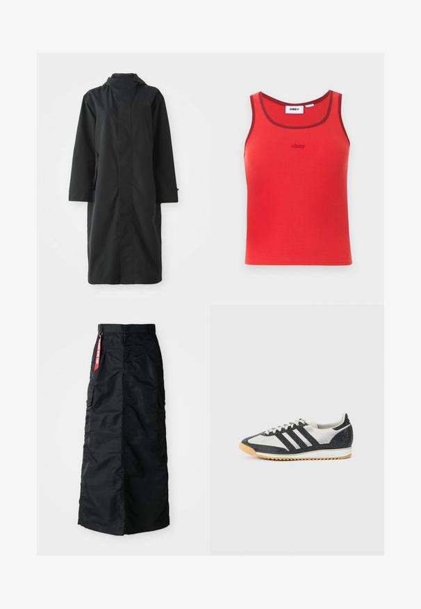 Sort regnjakke lavet af vandafvisende materiale, med højt krave, lange ærmer, minimalistisk design og sidelommer.; Rød ærmeløs ribbet tank top med mørkerød kant og lille "obey" logo broderet centreret under halsudskæringen.; Sort lang nederdel med frontknap og lynlås, sidelommer, og et rødt "Remove Before Flight" stofmærke på taljen.; Sort-hvid sportssko med en øvre del i mesh, tre sorte striber, tekstureret stof og en ydersål i gummigummi.