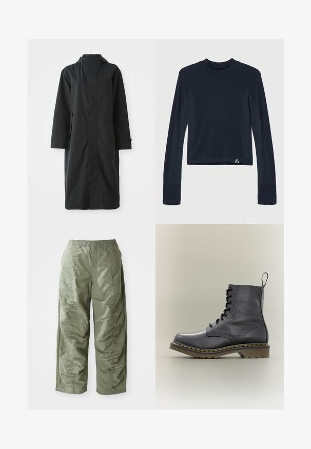 Sort regnjakke lavet af vandafvisende materiale, med højt krave, lange ærmer, minimalistisk design og sidelommer.; Langærmet navy top i ribbestrik med prikkede detaljer langs ærmerne og en høj halsudskæring. Varemærkets logo i nederste venstre hjørne.; Oliven grøn, letvægtsbukser med elastisk talje, der har en samlet tekstur langs siderne og bred benklipp.; Sort læderkampstøvle med 8 snørehuller, gummisål, gul syning og en træksløjfe bagpå. Har en struktureret overdel.