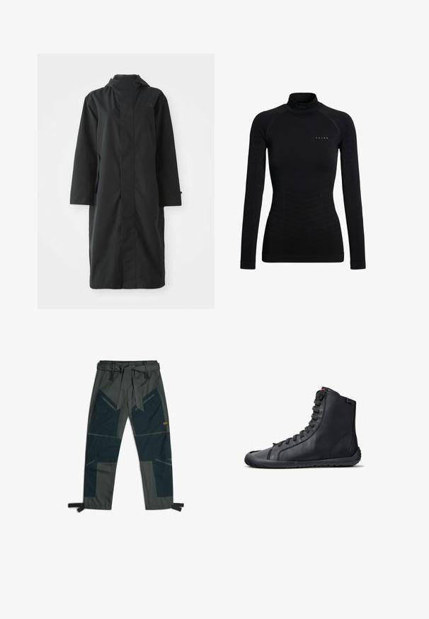 Schwarzer Regenmantel aus wasserabweisendem Material, mit hohem Kragen, langen Ärmeln, minimalistischen Design und seitlichen Taschen.; Schwarzes langärmliges Rollkragenshirt aus Stretchstoff. Es hat ein körpernahes Design mit Rippakzenten und ein kleines Markenlogo auf der Brust.; Hose mit einem Gürtel, die eine Kombination aus dunkelgrünem und grauem Stoff aufweist, ein eckiges Patchwork-Design, mehrere Taschen und verstellbare Knöchelriemen hat.; Schwarzer High-Top Ledersneaker mit schwarzen Schnürsenkeln, flacher Sohle und Markenetikett im Knöchelbereich, von der Seite auf weißem Hintergrund gezeigt.