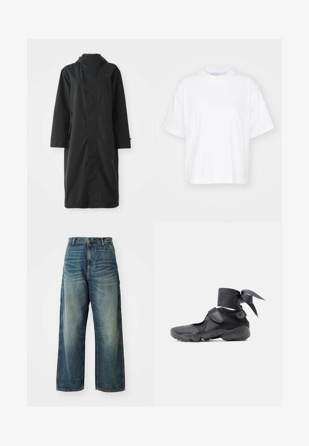 Abrigo negro hecho de un material resistente al agua, con un cuello alto, mangas largas, un diseño minimalista y bolsillos laterales.; Camiseta de algodón blanca con cuello redondo, mangas cortas y un corte relajado. Presenta un logo sutil en el área del pecho izquierdo. Textura suave.; Jeans de denim de pernera ancha en una lavada azul desteñida. Cuenta con un cierre de botón, cinco bolsillos y costuras visibles. El material tiene una textura suave.; Zapatilla deportiva negra con aberturas, correas de velcro y envoltura en el tobillo atada en un lazo, vista lateral sobre un fondo blanco.