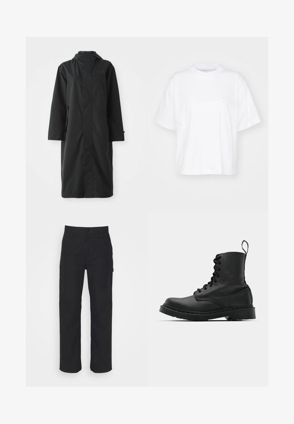 Abrigo negro hecho de un material resistente al agua, con un cuello alto, mangas largas, un diseño minimalista y bolsillos laterales.; Camiseta de algodón blanca con cuello redondo, mangas cortas y un corte relajado. Presenta un logo sutil en el área del pecho izquierdo. Textura suave.; Pantalones de algodón negros con corte recto, cierre de botón y pasadores para cinturón. Presenta un diseño clásico sin bolsillos visibles.; Botín de combate de cuero negro con punta redonda, parte delantera con cordones y una lengüeta en el tobillo. Presenta una suela de goma gruesa para mayor durabilidad.