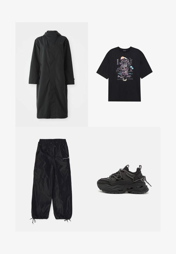 Abrigo negro hecho de un material resistente al agua, con un cuello alto, mangas largas, un diseño minimalista y bolsillos laterales.; Camiseta negra con un gráfico colorido de un dragón, flores de cerezo, sol y montaña. El texto dice "Tokio Japón" debajo del diseño.; Pantalones cargo negros hechos de nailon brillante con una cinturilla elástica, cordón ajustable, bolsillos laterales y puños elásticos.; Zapatillas deportivas negras con upper de tela texturizada, suela de goma gruesa y detalles de cordones en contraste. Presenta refuerzo en el talón y logotipo.