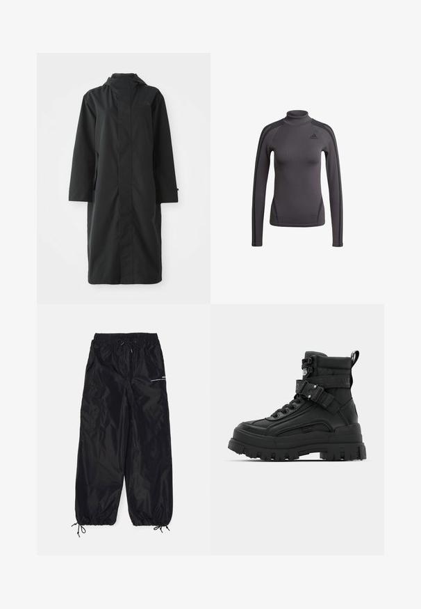 Sort regnjakke lavet af vandafvisende materiale, med højt krave, lange ærmer, minimalistisk design og sidelommer.; Grå langærmet top med høj krave, der har tekstureret stof og sorte accentstriber på skuldrene, med et Adidas-logo på brystet.; Sorte cargobukser lavet af blank nylon med elastisk talje, justerbar snor, sidelommer og elastiske manchetter.; Sorte ankelstøvler med en tekstureret overdel, kraftig sål, snørelukning og justerbar rem med logo-detalje. Gummisal med udtalt dækmønster.