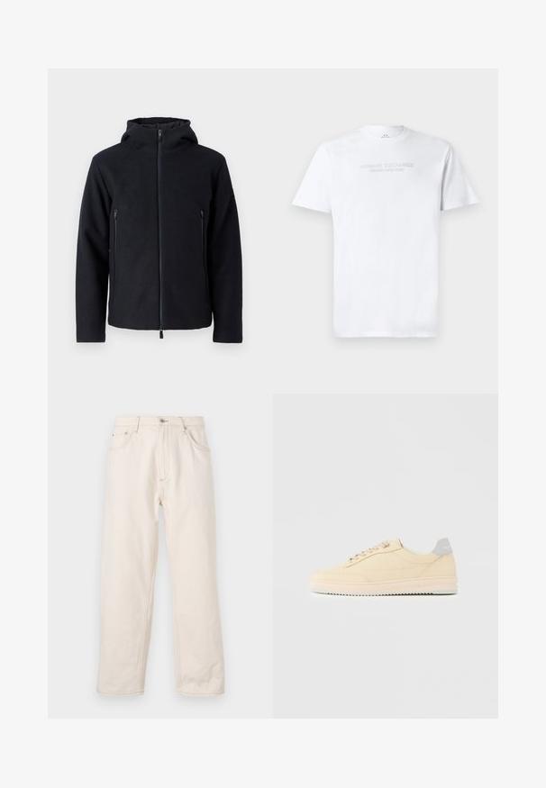 Donker marineblauwe zip-up hoodie met een hoge kraag en twee voorzakken met rits. Gemaakt van zachte, gestructureerde stof voor warmte en comfort.; Witte katoenen t-shirt met een ronde hals, korte mouwen en een reliëflogo "ARMANI EXCHANGE MILANO/NEW YORK" op de voorkant.; Beige rechte jeans gemaakt van denim, met een knoopsluiting, vijf zakken en zichtbare stikseldetails. Gladde textuur.; Beige lage sneaker met veters aan de voorkant, lichtroze zool en een grijze hieltab met het merk "Filling Pieces", zijaanzicht op een effen achtergrond.