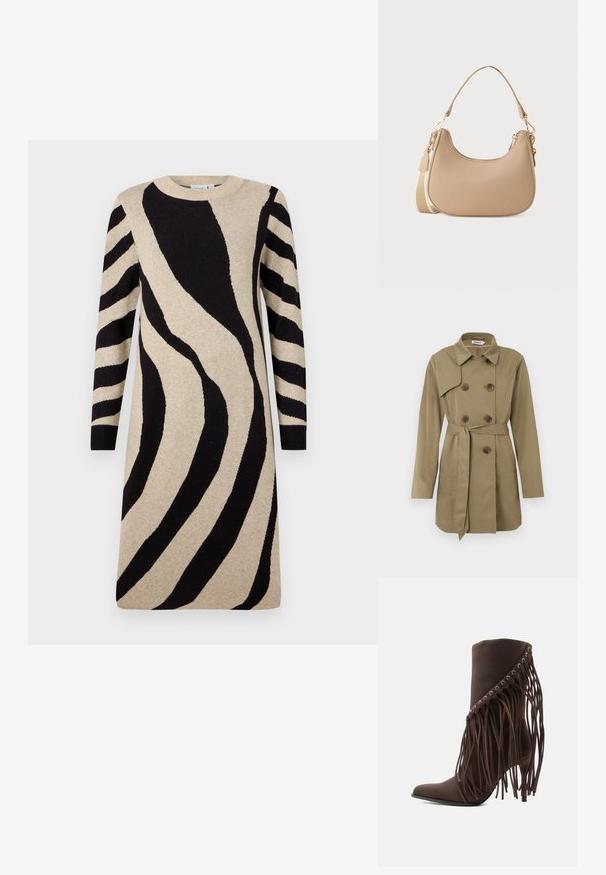 Knælang beige trenchcoat med dobbeltradet skildpadde-mønstrede knapper, taljebælte, bred krave og lange ærmer.; Strikkjole med en beige bundfarve og kraftige sorte zebra-striber, lange ærmer og rund halsudskæring. Blød tekstur med en afslappet pasform.; Brun ruskind støvlet med høj hæl, spids tå og lange frynser, der hænger fra den øverste kant.; Lille beige skuldertaske med buet top, aftagelig lang rem og guldfarvede spænder mod en plain hvid baggrund.