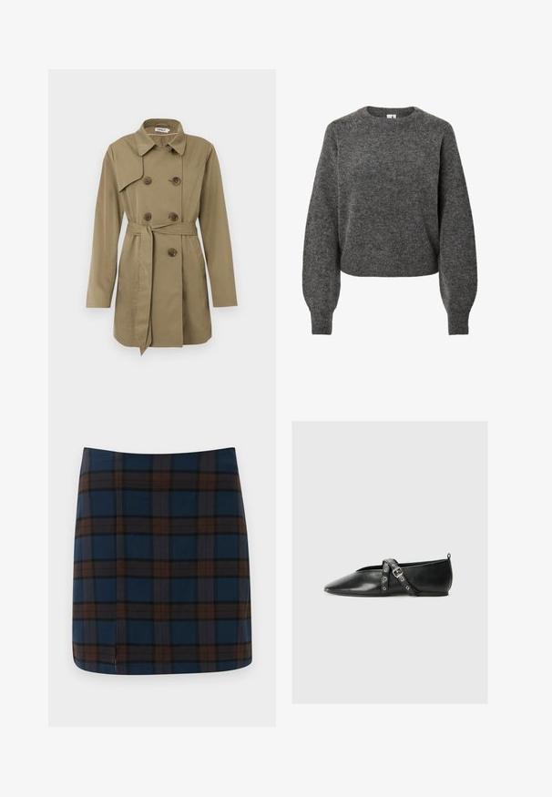 Knee-length beež trench coat kahekordsete kilpkonnapatentidega nupud, vöökoht, lai krae ja pikad varrukad.; Tumehall villane pikakätisega kampsun, ümmarguse kaelusega ja veidi paisutatud varrukatega, kootud tekstuuriga ning soonikkudega manšetid ja ääred.; Tumesinine ruuduline mini seelik, millel on pruunid ja hallid jooned, valmistatud siledast kangast, tagaküljel on peen lõhik liikumise mugavuse jaoks.; Mustad nahast lapikpõhjaga kingad terava ninaga disainiga, millel on dekoratiivne rihm koos pandlate ja metallist nööpaukudega aksessuaarideks.