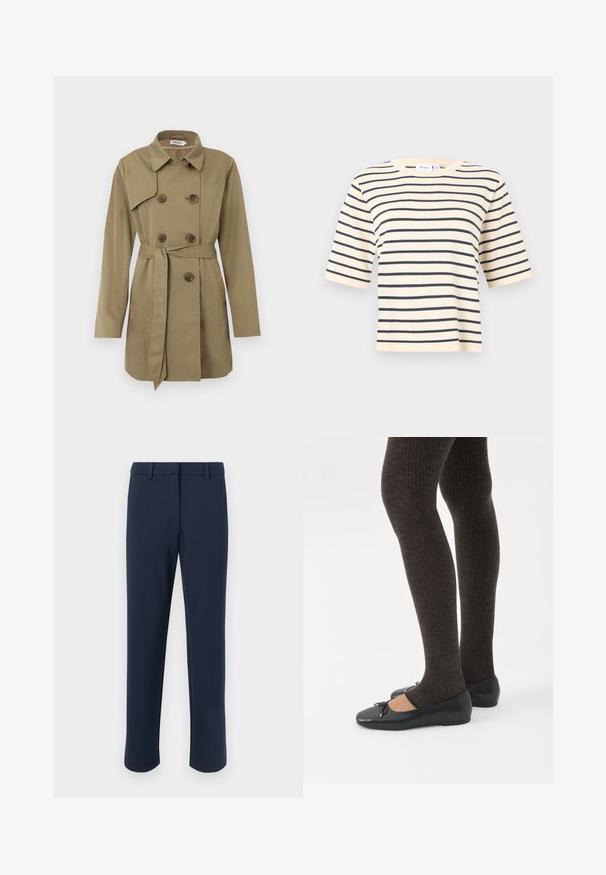 Trench-coat beige jusqu'aux genoux avec des boutons en tortue à double boutonnage, une ceinture à la taille, un large col et de longues manches.; Haut à manches courtes rayé avec un col rond, base beige clair et rayures horizontales bleu marine foncé. Tissu doux et coupe décontractée.; Pantalon bleu marine en tissu lisse, doté d'une coupe droite, de passants pour ceinture et de poches avant, avec un design épuré et minimaliste.; Jambes portant des leggings côtelés foncés associés à des ballerines noires avec de petits détails en nœud sur fond blanc.