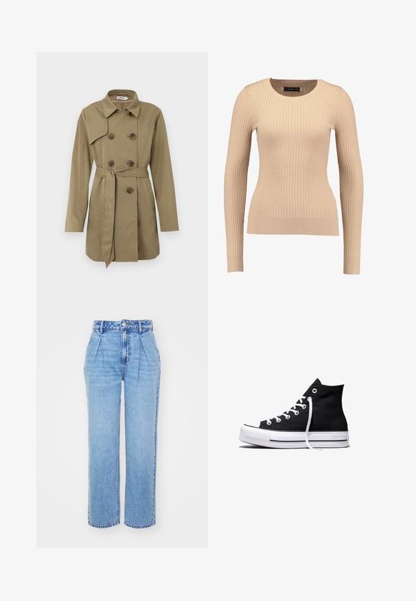 Beige trenchcoat tot de knie met dubbelgeknoopte schildpadknopen, een tailleband, een brede kraag en lange mouwen.; Geribbelde lange mouwen trui in lichtbeige, gemaakt van rekbaar materiaal. Kenmerkt zich door een ronde halslijn en een getailleerde pasvorm met gebande mouwen.; Lichtblauwe denim jeans met een hoge taille, wijde pijpen en plooien aan de voorkant. Heeft typische stiksels en een knoopsluiting bij de taille.; Zwarte hooggesloten canvas sneaker met witte rubberen zool en witte veters, zijwaarts weergegeven op een witte achtergrond.