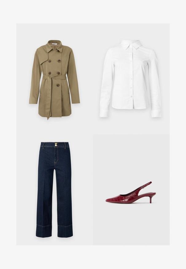 Beige trenchcoat tot de knie met dubbelgeknoopte schildpadknopen, een tailleband, een brede kraag en lange mouwen.; Witte blouse met lange mouwen en knopen, met puntige kraag, rechte zoom en aansluitende silhouet, weergegeven op een effen lichte achtergrond.; Donkerblauwe hoge taille wijde jeans met dubbele gouden knopen en zichtbare oranje stiksels op een lichte achtergrond.; Bordeaux lederen slingback pump met krokodillenstructuur, puntige neus, verstelbare gesp en lage kittenhak op een witte achtergrond.