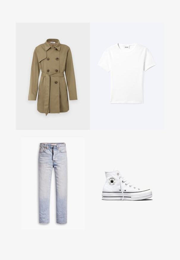 Knælang beige trenchcoat med dobbeltradet skildpadde-mønstrede knapper, taljebælte, bred krave og lange ærmer.; Ensfarvet hvid t-shirt med korte ærmer og rund halsudskæring med en lille "WEEKDAY" label indeni halskanten, vist fladt på en lys baggrund.; Lyseblå denimjeans med lige ben, der har en knaplukning, fem lommer og en diskret falmning langs benene.; Hvid højtop Converse Chuck Taylor All Star-sneaker med sort logo-patch og hvide snørebånd, vist på hvid baggrund.