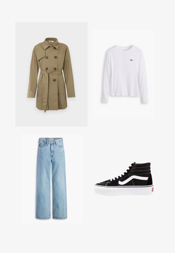 Beige trenchcoat tot de knie met dubbelgeknoopte schildpadknopen, een tailleband, een brede kraag en lange mouwen.; Witte lange mouwen shirt van zachte katoen. Bevat een klein rood Levi's logo op de linkerborst. Klassiek ronde hals ontwerp.; Lichtblauwe, hoge taille, wijde jeans met een voorste knoop en ritssluiting, riemlussen en vijf zakken.; Zwarte high-top sneakers met witte veters, een wit logo en contrasterende witte stiksels. Heeft een dikke witte zool en een bovenwerk van gestructureerd suede.