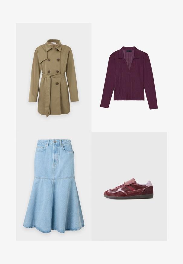 Knee-length beež trench coat kahekordsete kilpkonnapatentidega nupud, vöökoht, lai krae ja pikad varrukad.; Pikkade varrukatega, sügava V-kaelusega tumepurpurne särk, millel on ribakujuline tekstuur ja krae. Omab keha lähedast lõiget ja kerget venivust.; Hele sinine teksaseelik flared alt, millel on sobituv talje, taskud ja õrnad õmbluse detailid.; Punane seemisneaker sileda varbaga, tekstuursete külgpaneelidega, toonides nööride ja Velcro rihmaga. Omab vastupidavat musta kummist tallat.
