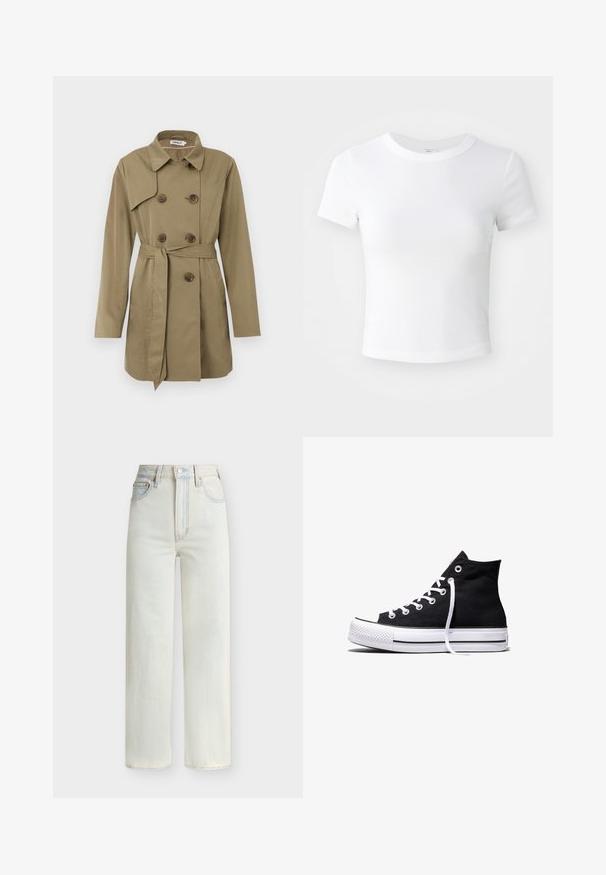 Beige trenchcoat tot de knie met dubbelgeknoopte schildpadknopen, een tailleband, een brede kraag en lange mouwen.; Effen witte cropped t-shirt met korte mouwen en ronde hals, weergegeven op een neutrale lichte achtergrond.; Lichtblauwe denim jeans met hoge taille, rechte pijpen, vooraan sluiting met knopen en rits, en een ontwerp met vijf zakken.; Zwarte hooggesloten canvas sneaker met witte rubberen zool en witte veters, zijwaarts weergegeven op een witte achtergrond.