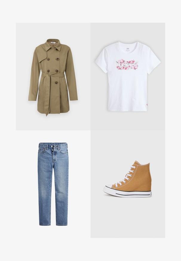 Trench coat beige hasta la rodilla con botones de carey de doble botonadura, cinturón en la cintura, cuello amplio y mangas largas.; Camiseta blanca de algodón con un logo floral de "Levi's" en color rosa, con mangas cortas y cuello redondo. Textura suave, forma básica.; Jeans de mezclilla azul claros con corte recto, diseño de cinco bolsillos y cierre de botón. Presentan un ligero desvanecimiento y acentos de costura en naranja.; Zapatillas altas en lona color arena con cordones blancos, punta de goma y suela con rayas negras. Acabado texturizado con detalles de costura.