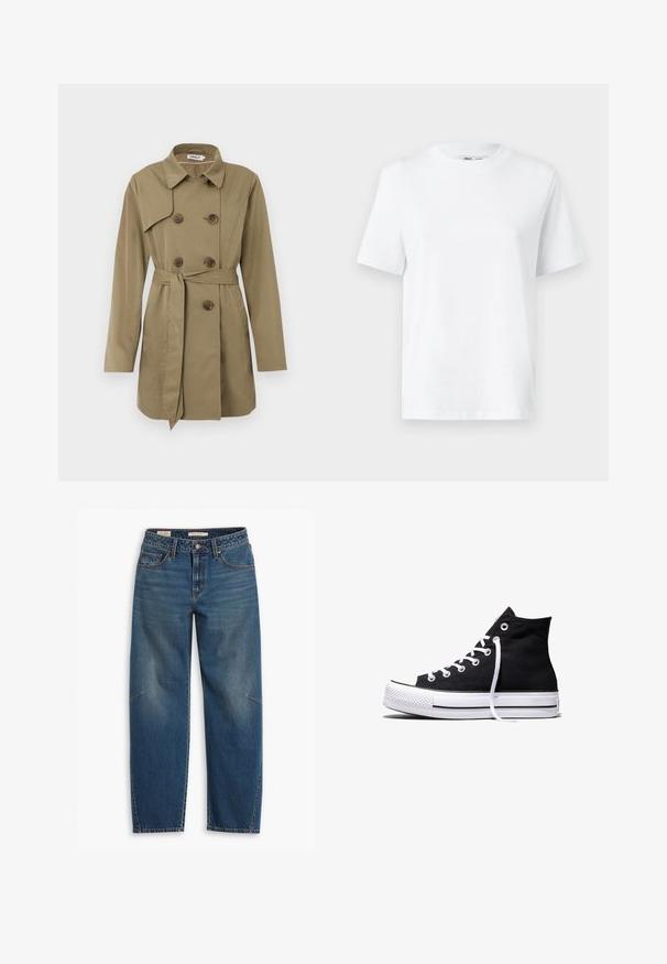 Knee-length beež trench coat kahekordsete kilpkonnapatentidega nupud, vöökoht, lai krae ja pikad varrukad.; Valge puuvillane ümarakaelusega T-särk, millel on lühikesed varrukad ja sile tekstuur. Kujundatud mugava ja mitmekesise istuvuse jaoks.; Sinine teksapüksid lõtva istumisega, kõrge vöökoht, sirged sääred, nähtavad õmblused ja väike aktsent vasakul põlvel.; Mustad kõrge säärega lõuendist toss valge kummist tallaga ja valgete paeltega, näidatud küljelt valgel taustal.