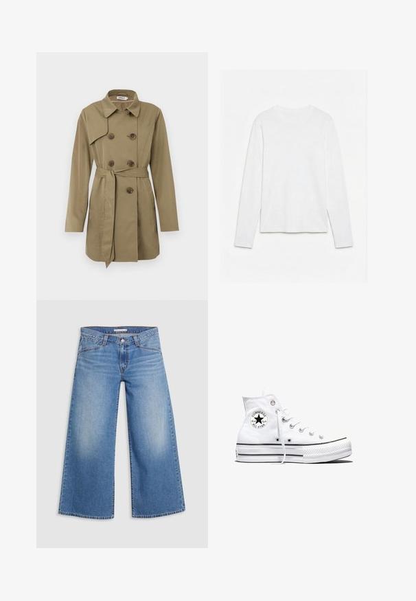 Trench coat beige hasta la rodilla con botones de carey de doble botonadura, cinturón en la cintura, cuello amplio y mangas largas.; Camiseta blanca lisa de manga larga con cuello redondo, extendida sobre una superficie blanca, mostrando el frente y la longitud completa de la manga.; Jeans de tiro alto de una tela de mezclilla azul claro y de pierna ancha, con el clásico diseño de cinco bolsillos y un sutil desgastado a lo largo de las piernas.; Zapatilla blanca de caña alta Converse Chuck Taylor All Star con parche de logo negro y cordones blancos, presentada sobre fondo blanco.