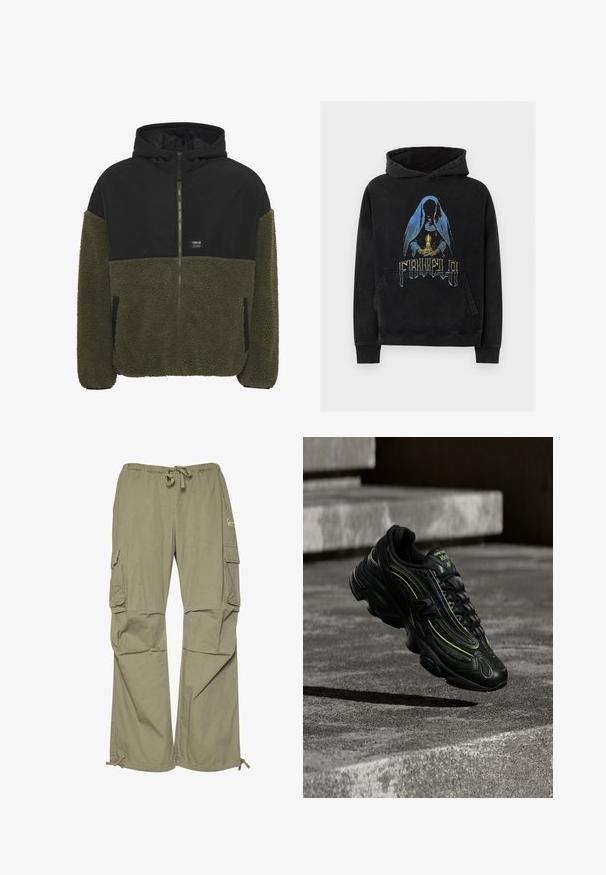Veste à capuche avec le haut noir et le bas en polaire vert olive. Fermeture éclair, deux poches latérales et une étiquette de marque sur la poitrine.; Sweat à capuche noir avec un graphique représentant une silhouette encapuchonnée tenant une bougie lumineuse et un texte stylisé sous la silhouette à l'avant.; Pantalons cargo en vert olive, fabriqués à partir d'un tissu léger, avec une taille élastique, des poignets ajustables et plusieurs poches latérales.; Baskets noires New Balance avec des accents vert fluo flottant au-dessus d'escaliers en béton gris sous un éclairage tamisé.
