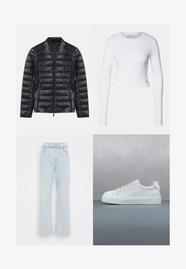 Zwarte glanzende gewatteerde pufferjack met hoge kraag, voorritssluiting en twee ritszakken aan de zijkant, plat gelegd op een witte achtergrond.; Witte lange mouw crop top van ribstof. Heeft een ronde hals en een klein logo-label aan de onderkant aan de linkerkant.; Lichtblauwe denim wijde broek met een hoge taille, vijf zakken en standaard stiksel. Voorzien van een knopen- en ritssluiting.; Witte Tommy Hilfiger sneaker met dikke zool en veters, weergegeven boven een patroon van houten en keien op de grond buiten.