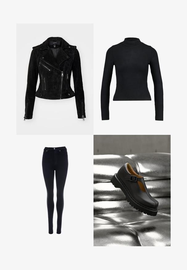 Chaqueta de motociclista de ante negro con un diseño ajustado, cierres de cremallera asimétricos, botones de presión y bolsillos con cremallera. Textura suave.; Top negro de manga larga y cuello alto, hecho de tela acanalada, con un diseño ajustado y silueta esbelta. Sin patrones ni acentos.; Jeans ajustados de tiro alto en negro, hechos de una tela elástica, que presentan un diseño clásico de cinco bolsillos y un cierre de botón metálico.; Zapato Mary Jane de cuero negro con suela gruesa con estrías y correa con hebilla, flotando sobre una superficie plateada brillante acolchada con botones.