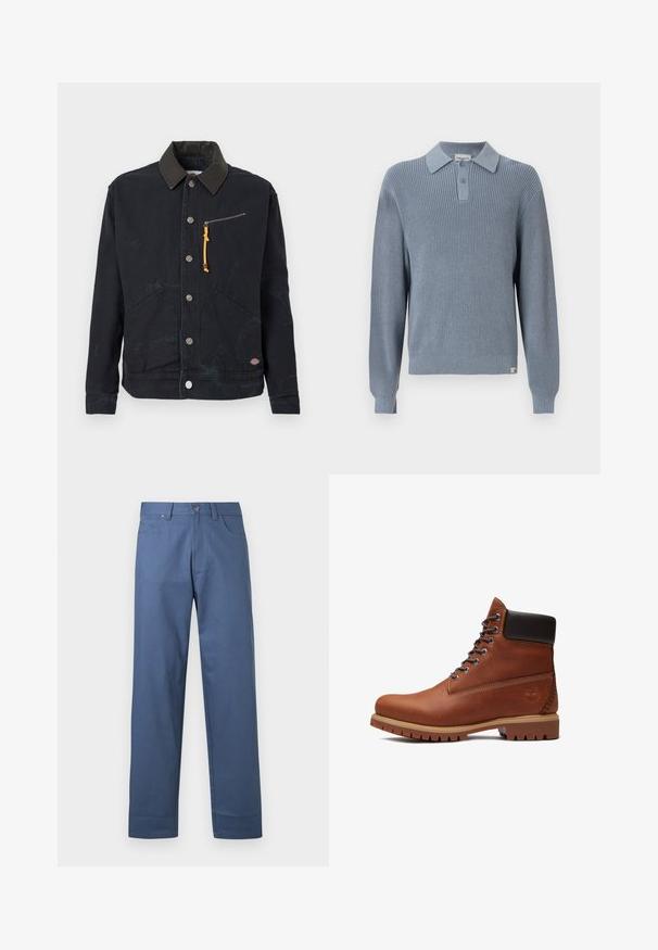 Veste noire à boutons avec col foncé en contraste, deux poches avant, une poche poitrine zippée avec tirette jaune et un petit patch logo.; Pull-over tricoté bleu avec une texture côtelée, doté d'un col avec ouverture boutonnée. Poignets et ourlet élastiques complètent le design.; Pantalon en coton bleu à coupe droite, avec une fermeture à boutons sur le devant et cinq poches. Texture lisse, sans motifs apparents.; Botte à lacets en cuir marron avec col rembourré noir, semelle épaisse couleur tan, et logo d'arbre embossé sur le côté du talon.