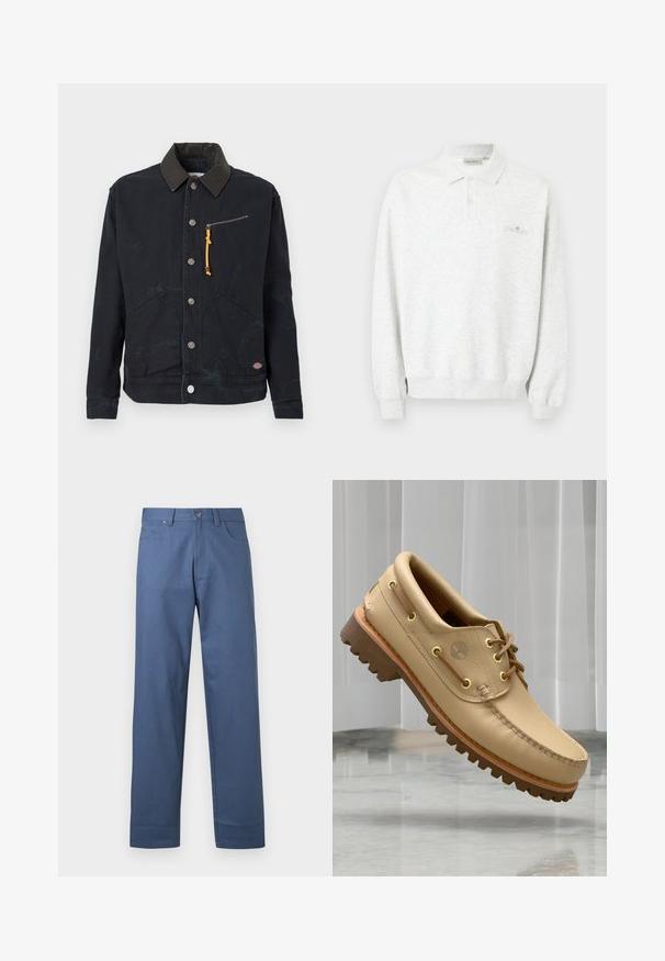 Zwarte button-up jas met een donkere contrasterende kraag, twee voorzakken, een ritszak op de borst met een gele trekstrip en een klein logo patch.; Wit poloshirt met lange mouwen, twee knopen en geribbelde manchetten, met subtiel geborduurd logo op de borst.; Blauwe katoenen broek met rechte pijpen, voorzien van een knoopsluiting aan de voorkant en vijf zakken. Glad textuur, zonder zichtbare patronen.; Lichtbruine leren bootschoen met een dikke, geribbelde zool en veterdetails, zwevend boven een marmeren vloer en een achtergrond van witte verticale jaloezieën.