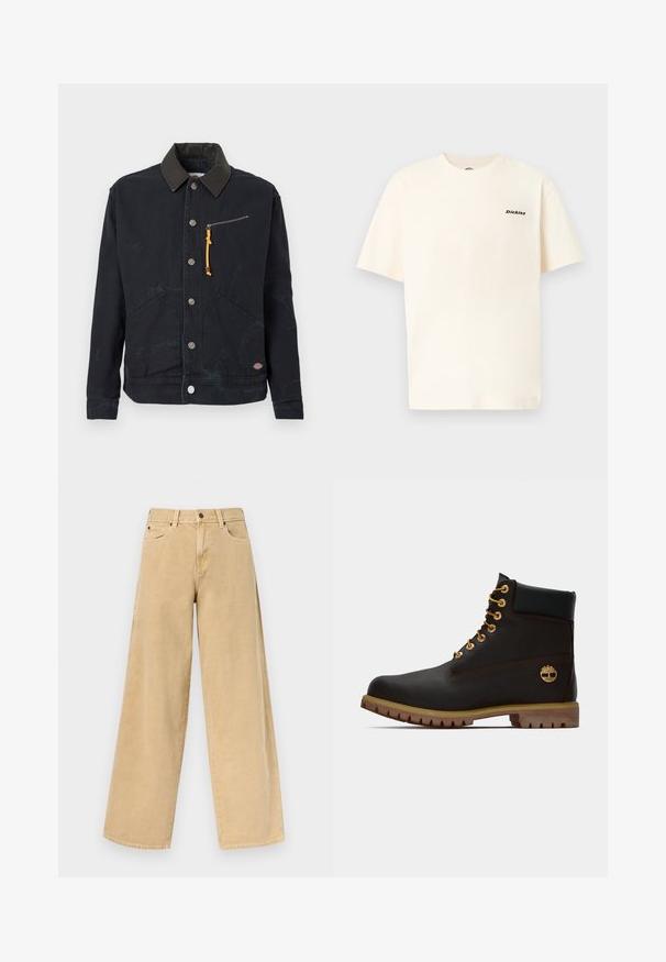 Veste noire à boutons avec col foncé en contraste, deux poches avant, une poche poitrine zippée avec tirette jaune et un petit patch logo.; T-shirt en coton de couleur crème avec manches courtes, arborant un petit logo noir "Dickies" sur le côté gauche de la poitrine. Coupe simple et décontractée.; Jean beige taille haute à jambes larges avec bouton avant et fermeture éclair, passants pour ceinture et poches avant sur un fond uni.; Bottine noire en cuir avec œillets dorés, accents marron et semelle en caoutchouc. Comprend un col rembourré et un logo estampé sur le côté.