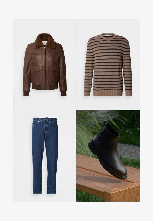 Schott Blouson Bomber - brown; Pull rayé marron et marine avec un col rond, des manches longues et des poignets côtelés, fabriqué en maille douce.; Jean bleu foncé en denim, avec une coupe droite, style cinq poches et des coutures apparentes le long des coutures.; Bottine en cuir noir avec panneaux latéraux élastiques, bout rond et semelle extérieure en caoutchouc texturée, flottant au-dessus d'une table en bois.