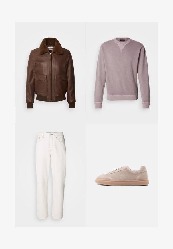 Schott Bomberjacks - brown; Scotch & Soda Sweater - gull; Witte denim jeans met een rechte pasvorm, voorzien van gestikte naden, een metalen knoopsluiting en een standaard vijf-pocket constructie.; Beige suède lage sneaker met veterluiting en gumzool, linkerzijaanzicht op een lichte achtergrond.