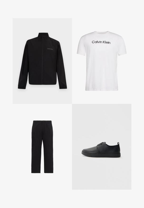 Veste noire zippée avec col montant, poignets élastiques et logo "Calvin Klein" sur le côté gauche de la poitrine, sur un fond uni.; T-shirt blanc à manches courtes et col rond avec le texte noir "Calvin Klein" centré sur la poitrine.; Pantalon noir droit avec passants pour ceinture, braguette zippée à l'avant et poches latérales, présenté sur fond blanc.; Baskets en cuir noir avec une finition lisse, bout arrondi, coutures ton sur ton, devant à lacets et semelle plate en caoutchouc. Anse au talon.