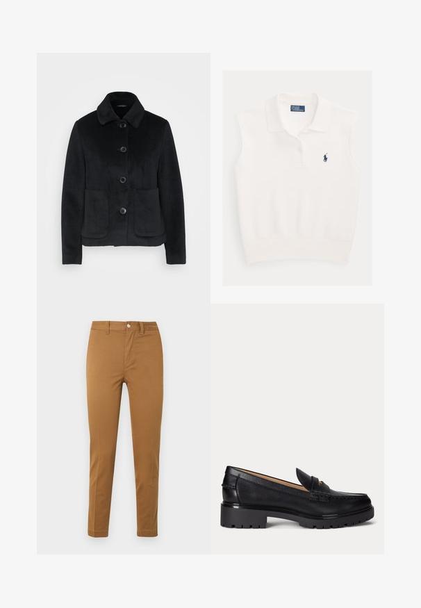 Sort fleecejakke med krave, seks knapper og to forlommer. Glat tekstur med en tætsiddende pasform.; Hvid ærmeløs polo med krave, to knapper og navyblåt Ralph Lauren polo-spillerlogo på venstre bryst.; Khaki bukser med lige ben, forlommer, bæltestropper og knaplukning, vist fladt på hvid baggrund.; Sort læderloafer med grov rillede såler, lav hæl og dekorativ rem over fronten.